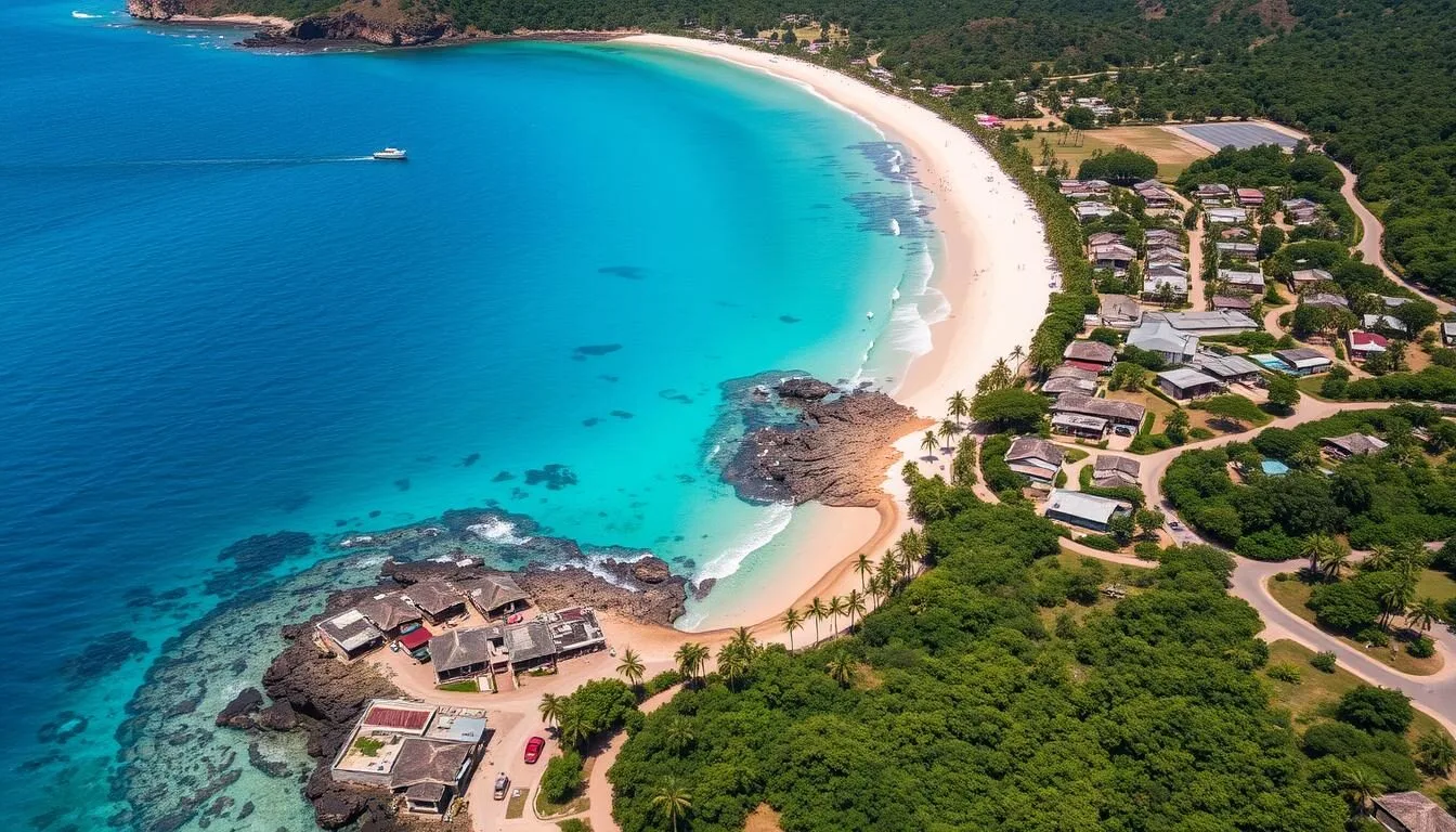 Aerial-view-of-Antalaha-Madagascar-showing-the-coastal-town-with-beaches-and-surrounding Aerial view of Antalaha, Madagascar showing the coastal town with beaches and surrounding vanilla plantations