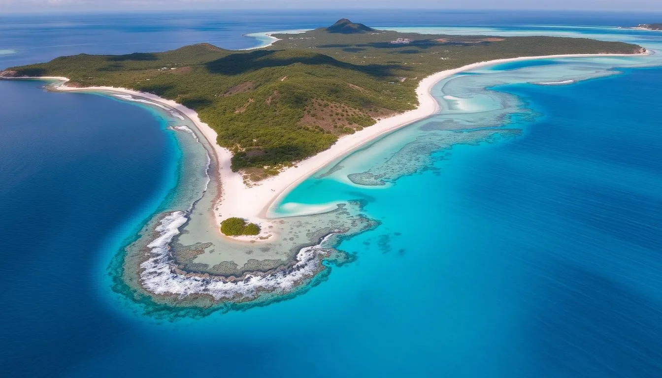 Aerial view of Antigua's coastline showing turquoise waters and white sand beaches on a sunny day