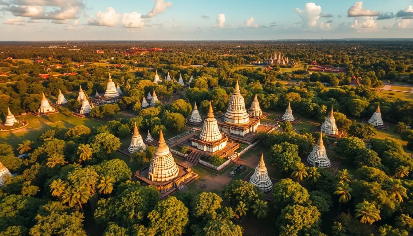 Aerial view of Anuradhapura's ancient city with massive white stupas rising above the lush green landscape
