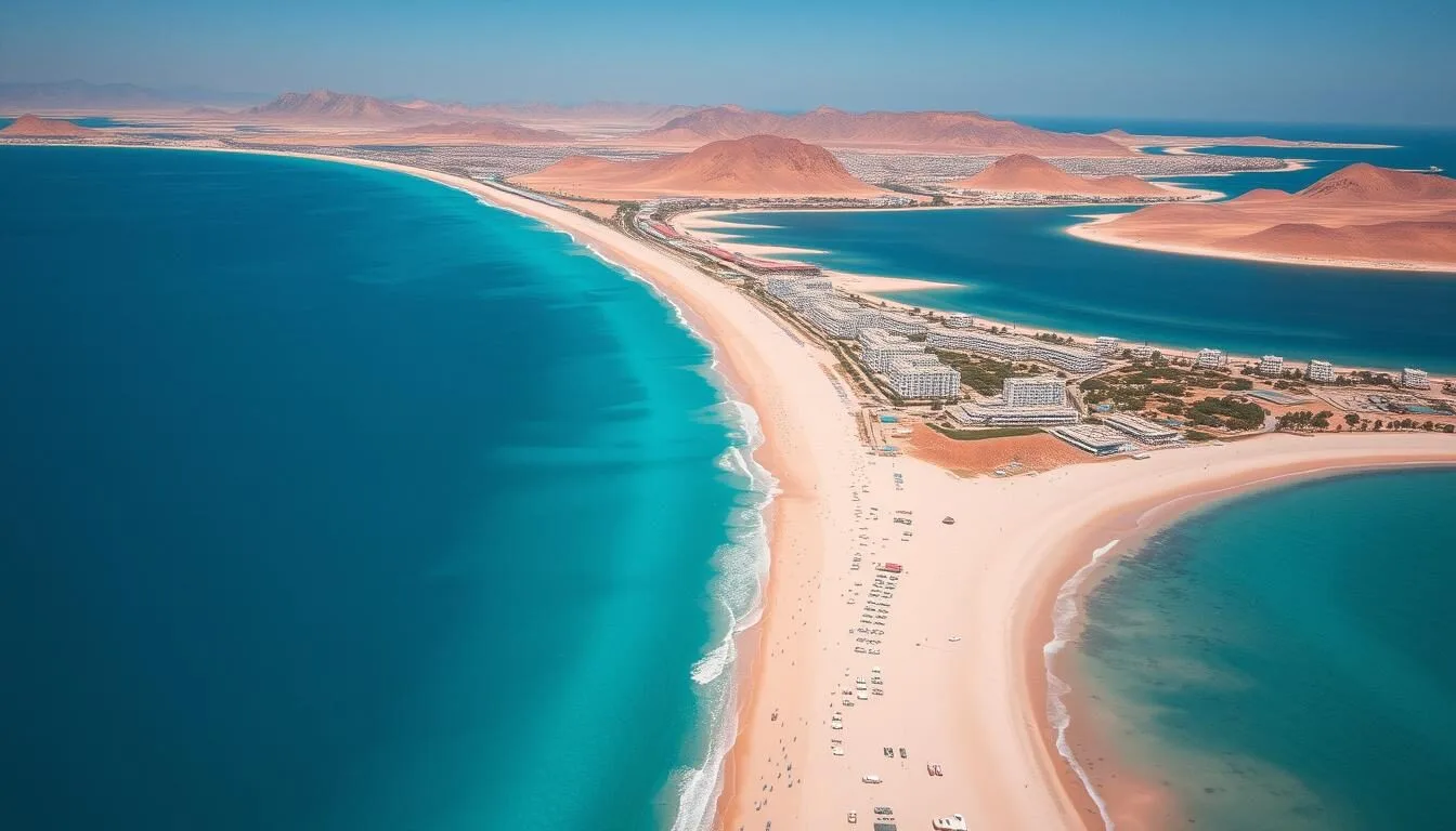 Aerial view of Aqaba's coastline with the Red Sea and mountains in the background, showcasing one of the best things to do in Aqaba Jordan