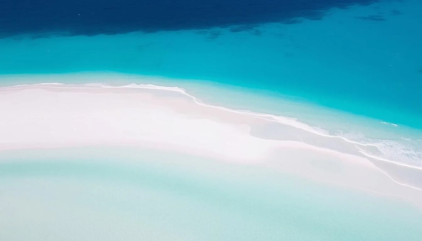 Aerial view of Arashi Beach, Aruba showing white sand and turquoise waters