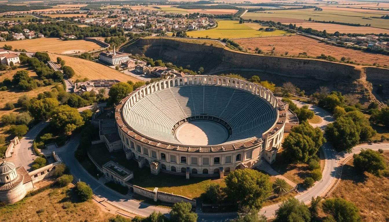 Aerial-view-of-Arles-France-showing-the-Roman-amphitheater-and-surrounding-Provencal-landscape Aerial view of Arles, France showing the Roman amphitheater and surrounding Provençal landscape on a clear sunny day