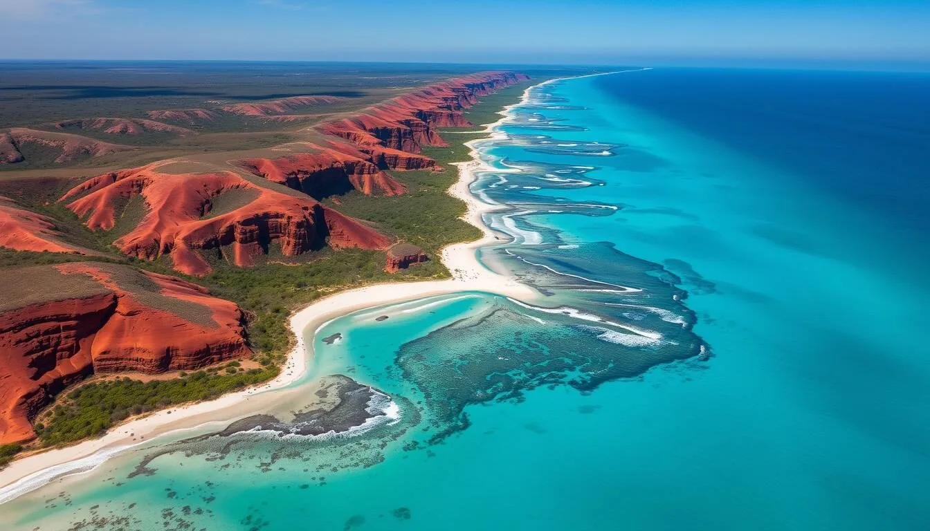 Aerial view of Arnhem Land's dramatic coastline showing pristine beaches and rugged escarpments