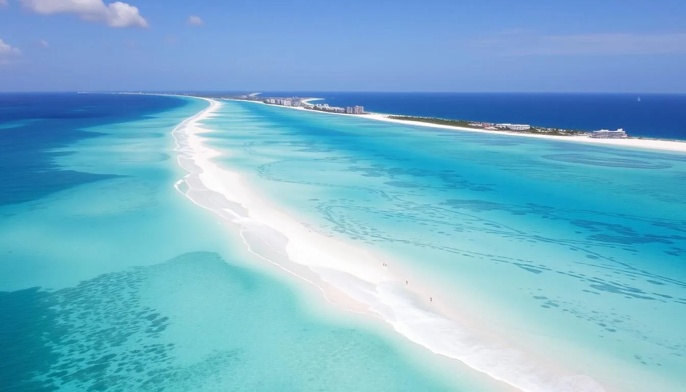 Aerial view of Aruba's coastline showing turquoise waters and white sandy beaches on a sunny day, best time to visit Aruba