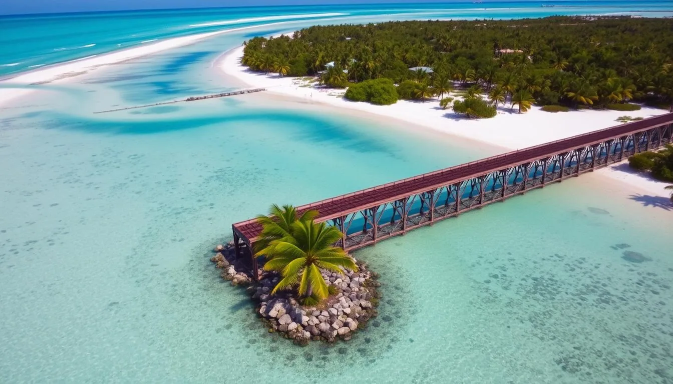 Aerial-view-of-Bahia-Honda-State-Park-showing-turquoise-waters-and-white-sand-beaches-with-the- Aerial view of Bahia Honda State Park showing turquoise waters and white sand beaches with the old railroad bridge in the background