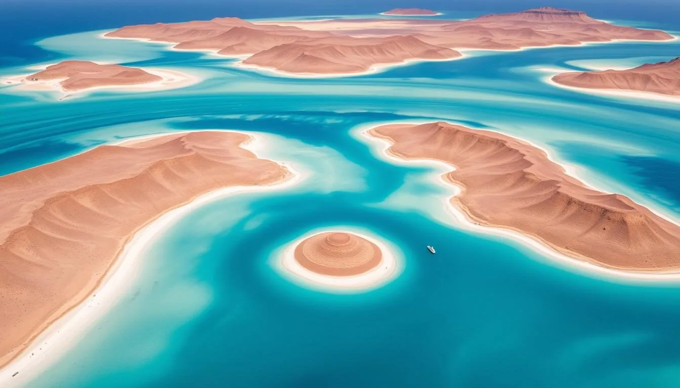 Aerial view of Bahia de Loreto National Park showing turquoise waters and desert islands
