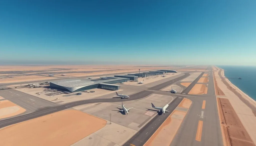 Aerial view of Bahrain International Airport with modern terminal buildings and aircraft on the tarmac Aerial view of Bahrain International Airport with modern terminal buildings and aircraft on the tarmac
