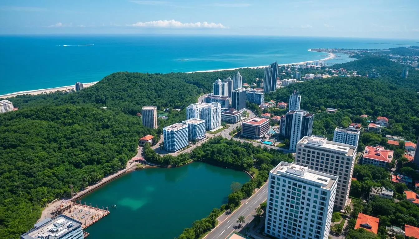 Aerial view of Balikpapan city skyline with lush forests and ocean in the background