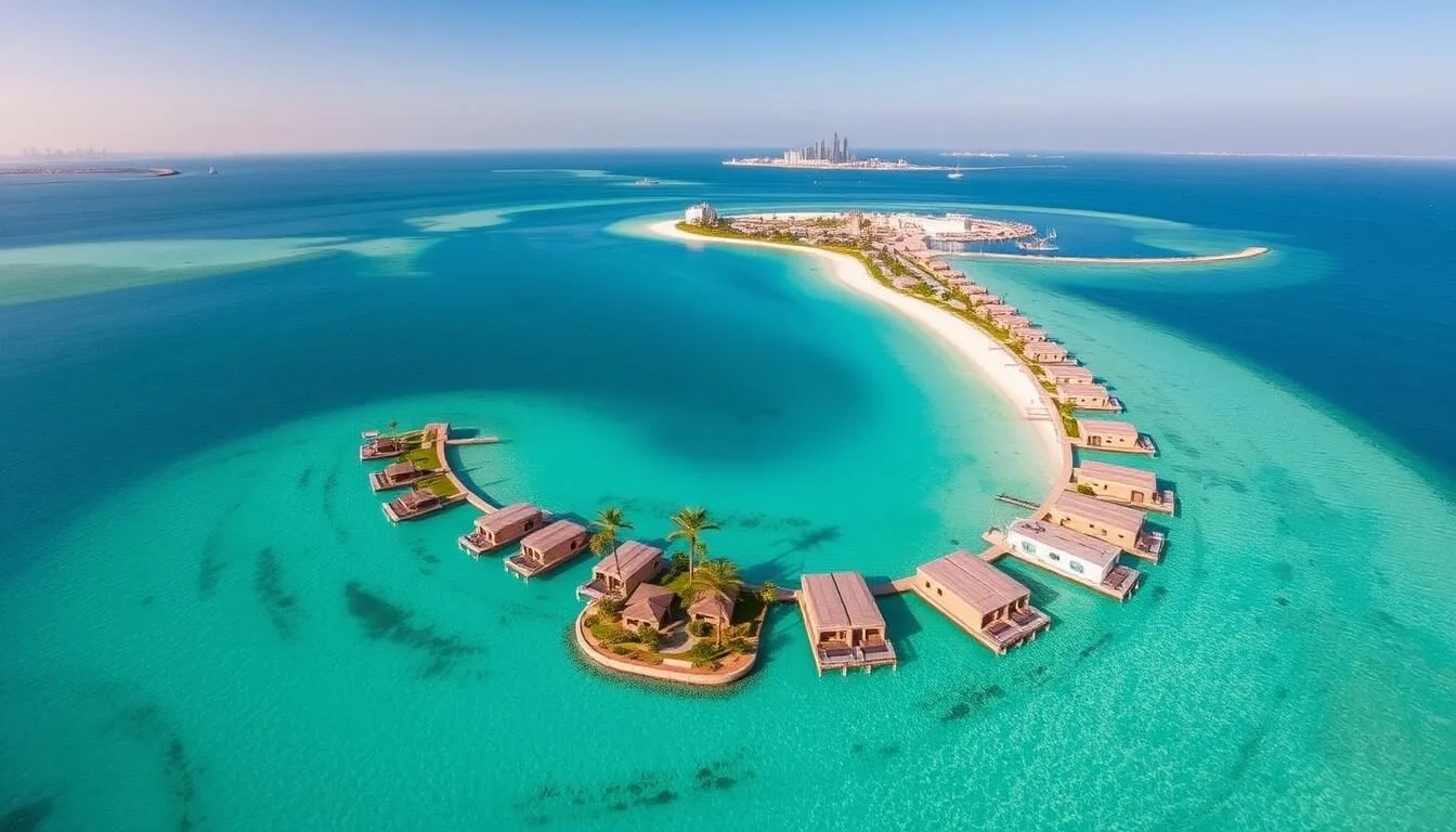 Aerial view of Banana Island Qatar showing its crescent shape surrounded by turquoise waters of the Arabian Gulf
