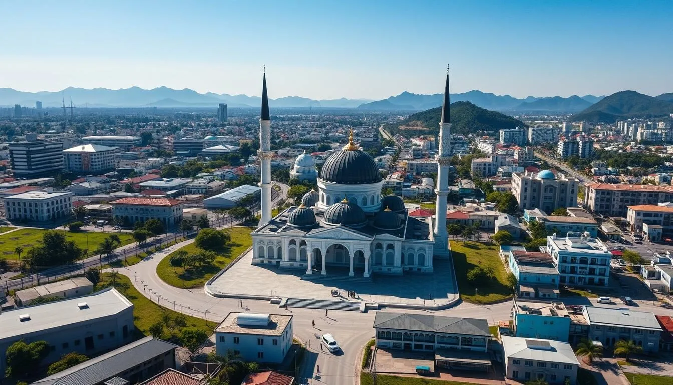 Aerial view of Banda Aceh city with the Baiturrahman Grand Mosque at its center