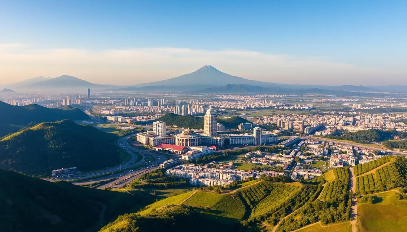 Aerial view of Bandung city surrounded by mountains and tea plantations, showcasing the Bandung Indonesia things to do