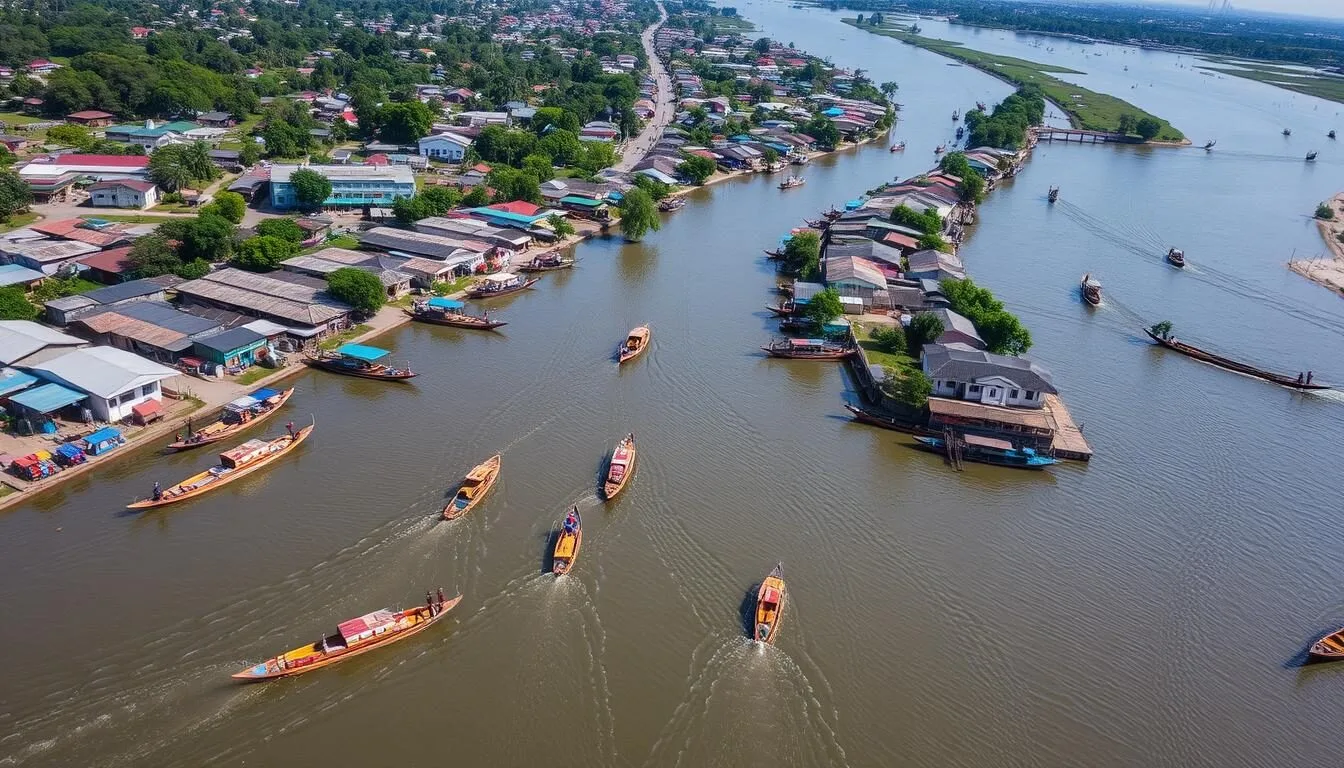 Aerial view of Banjarmasin's waterways with traditional boats navigating through the city's rivers