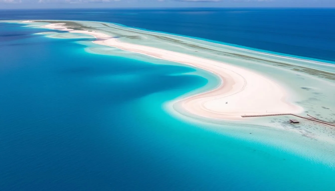 Aerial view of Barbuda Island showing pink sand beaches and turquoise waters