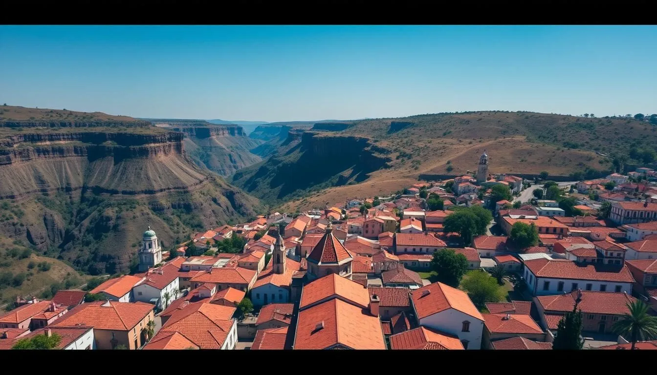 Aerial-view-of-Barichara-Colombia-with-its-characteristic-red-tiled-roofs-and-colonial Aerial view of Barichara Colombia with its characteristic red-tiled roofs and colonial architecture