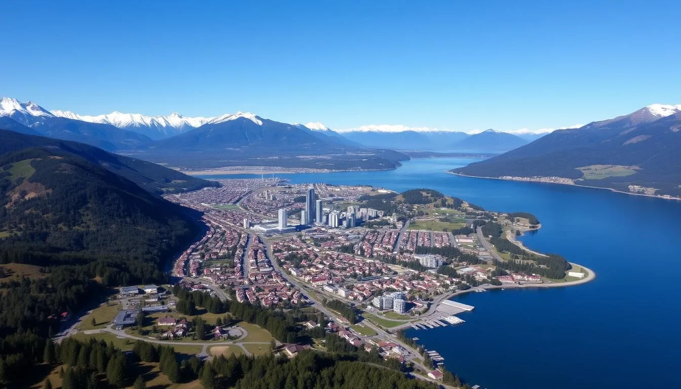 Aerial view of Bariloche city with Lake Nahuel Huapi and mountains in the background