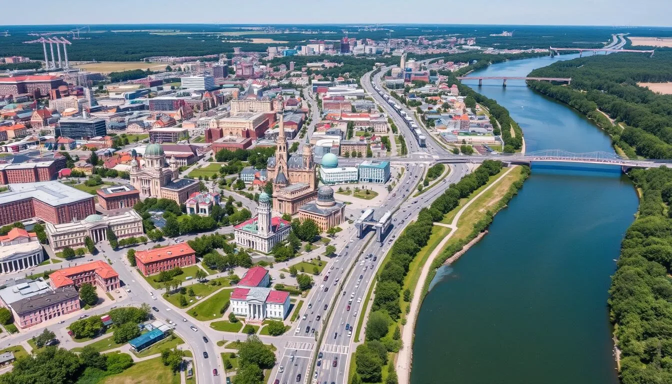 Aerial view of Barnaul city with the Ob River flowing through the urban landscape