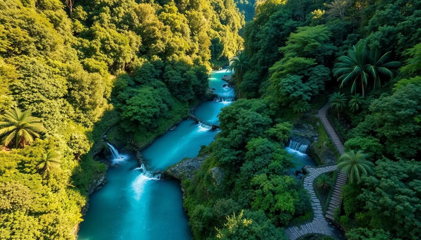 Aerial view of Barranca del Cupatitzio National Park showing lush vegetation and the Cupatitzio River flowing through a ravine