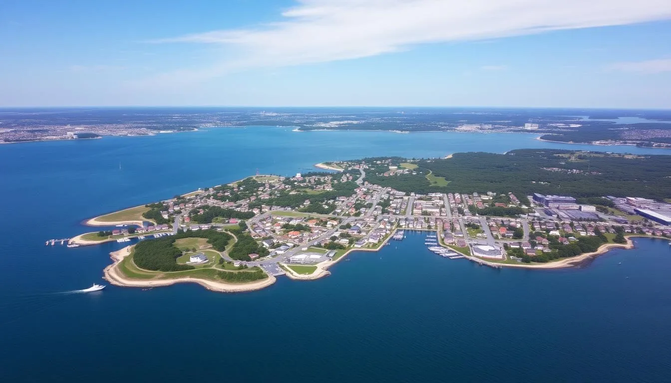 Aerial view of Barrington, Rhode Island showing the town's coastal location and proximity to Providence