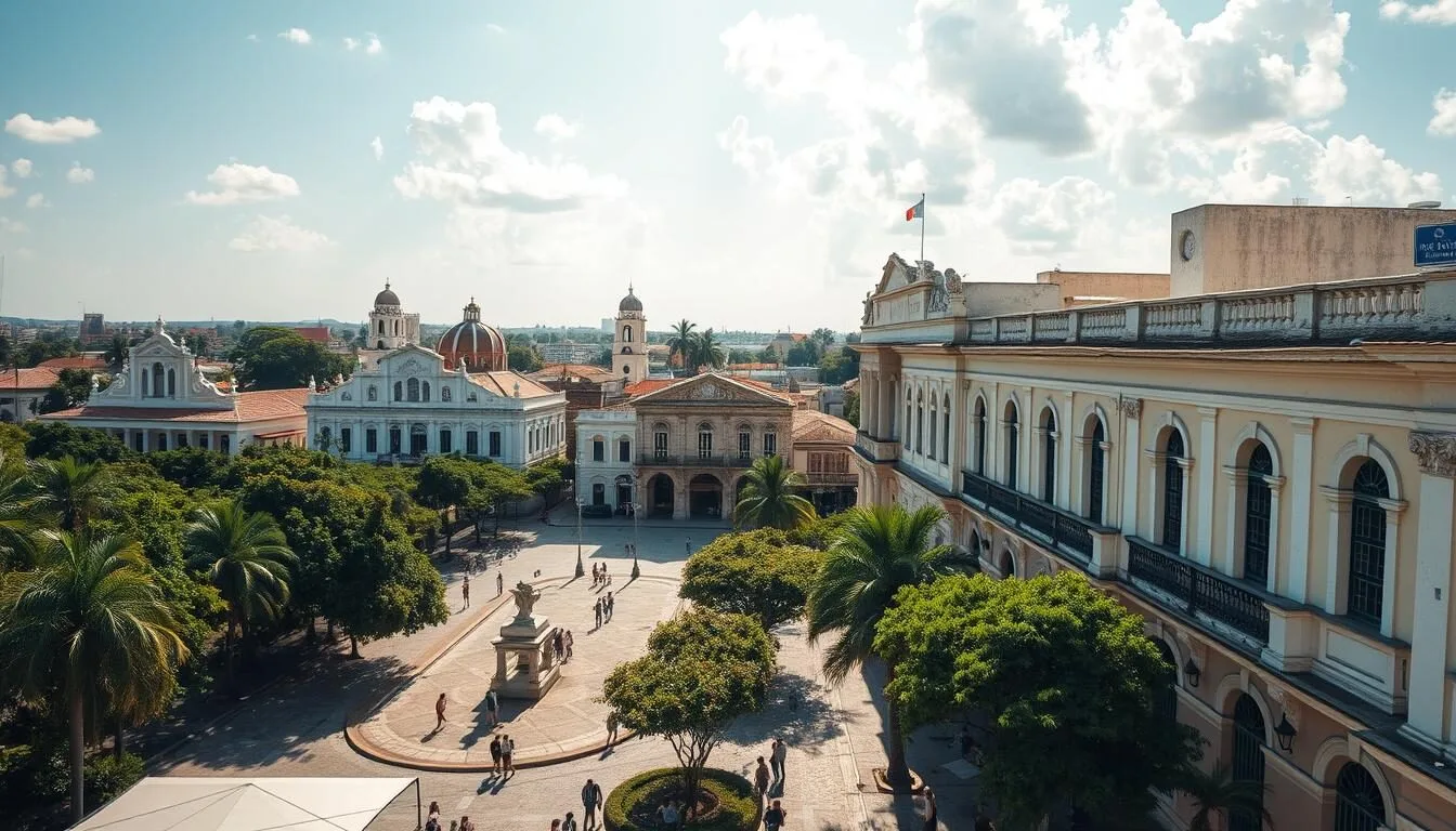 Aerial view of Bayamo, Cuba showing the historic city center with colonial architecture and tree-lined streets