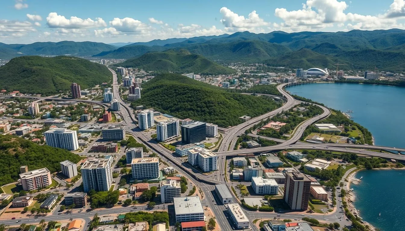 Aerial view of Bayamon, Puerto Rico showing the city layout with mountains in the background