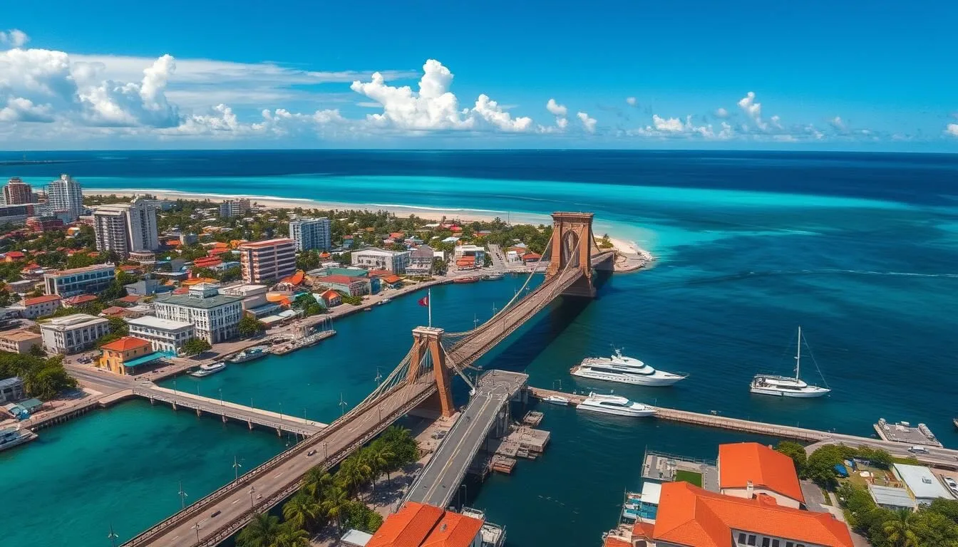Aerial-view-of-Belize-City-showing-the-historic-swing-bridge-connecting-the-north-and-south Aerial view of Belize City showing the historic swing bridge connecting the north and south sides of the city with turquoise Caribbean waters in the background