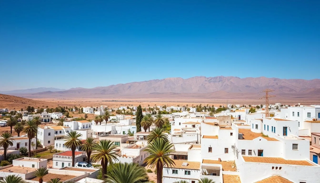 Aerial view of Beni Mellal, Morocco with the Atlas Mountains in the background