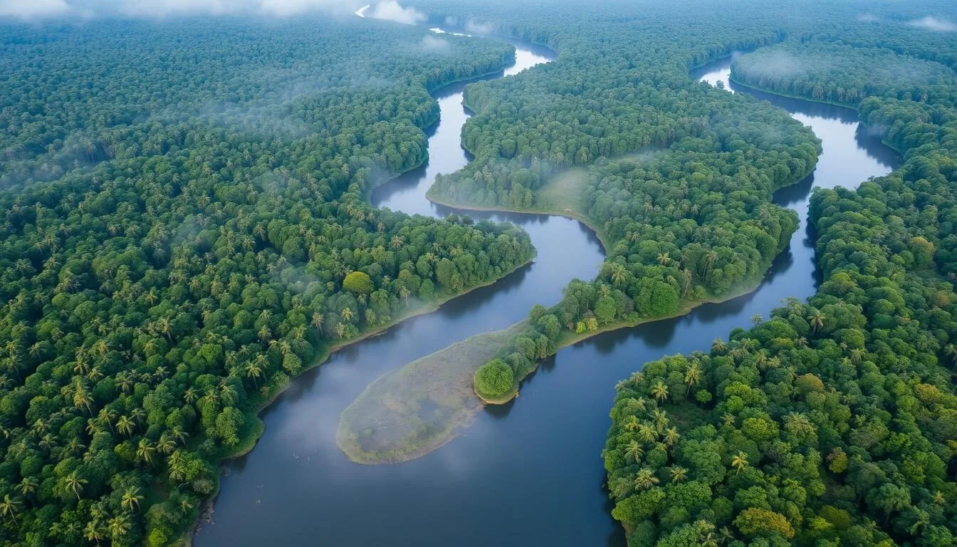 Aerial view of Berbak National Park's vast peat swamp forest and winding rivers in Sumatra, Indonesia