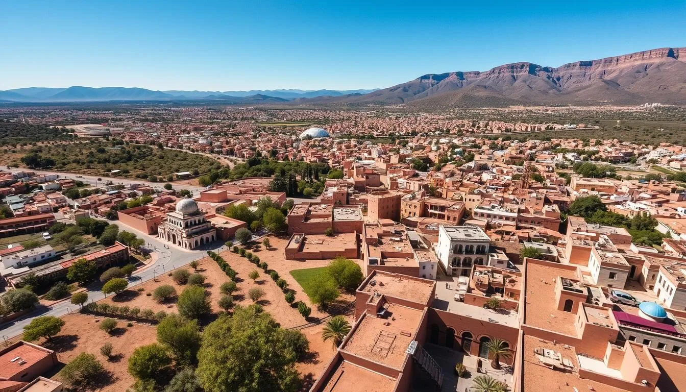 Aerial view of Berkane, Morocco with its distinctive orange groves and mountain backdrop