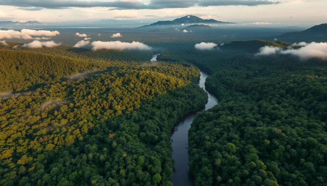 Aerial view of Betung Kerihun National Park showing vast rainforest canopy and winding rivers