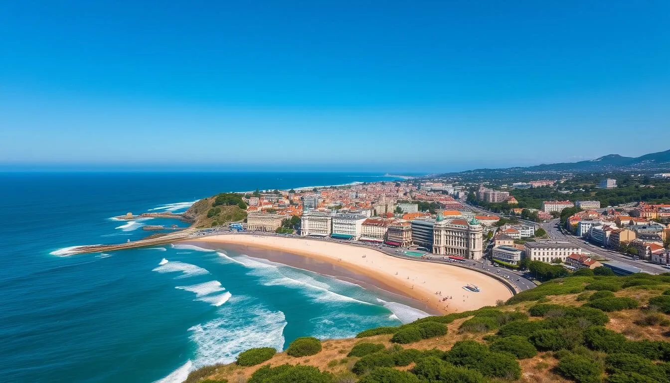 Aerial view of Biarritz coastline showing the Grande Plage beach and city center on a sunny day