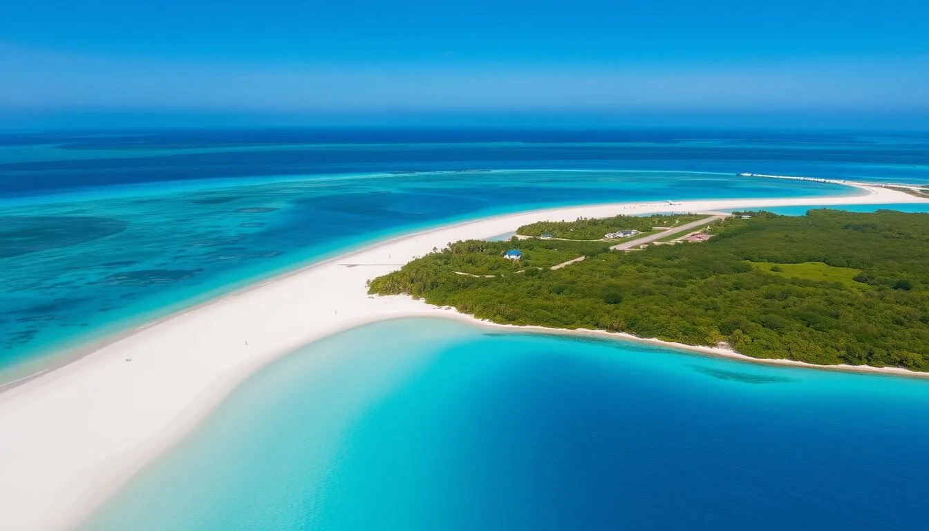 Aerial-view-of-Blackbird-Caye-Belize-showing-the-turquoise-waters-and-the-islands-airstrip Aerial view of Blackbird Caye, Belize showing the turquoise waters and the island's airstrip