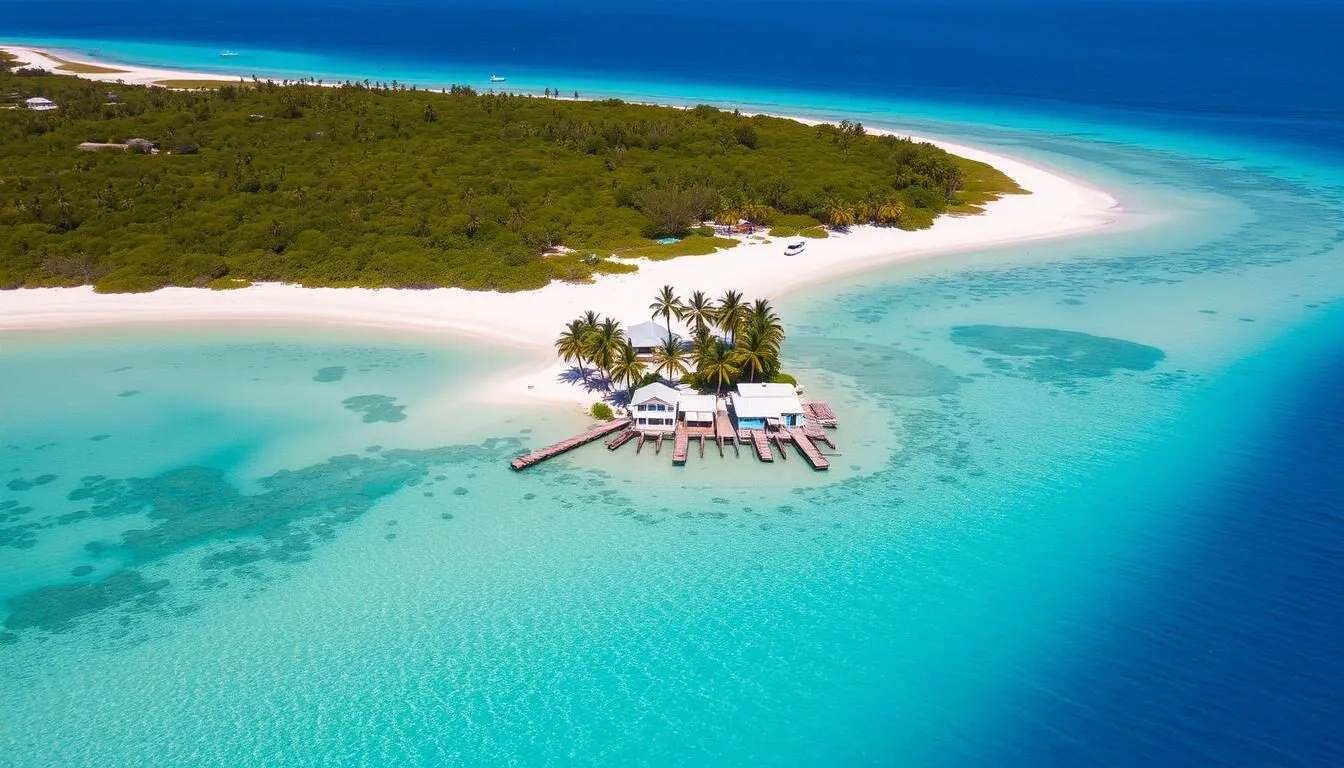 Aerial view of Blossom Village, Little Cayman showing pristine beaches and turquoise waters
