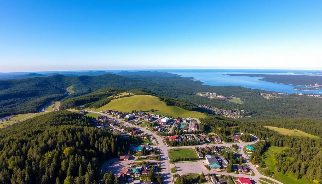 Aerial view of Blue Mountain Resort Ontario showing the village and surrounding landscape in summer