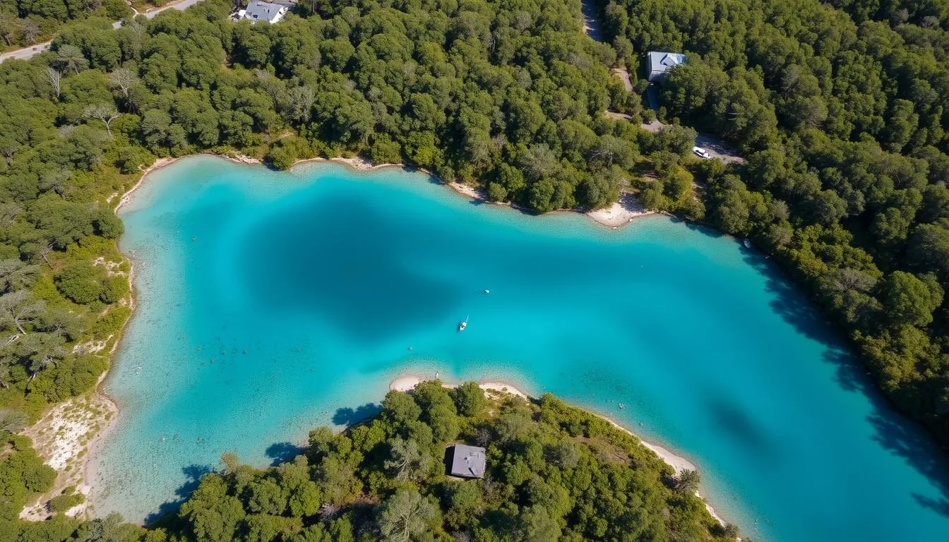 Aerial view of Blue Spring State Park showing the crystal clear blue spring and surrounding lush green forest