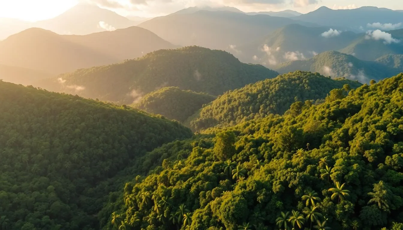 Aerial view of Bogani Nani Wartabone National Park showing dense tropical rainforest and mountains