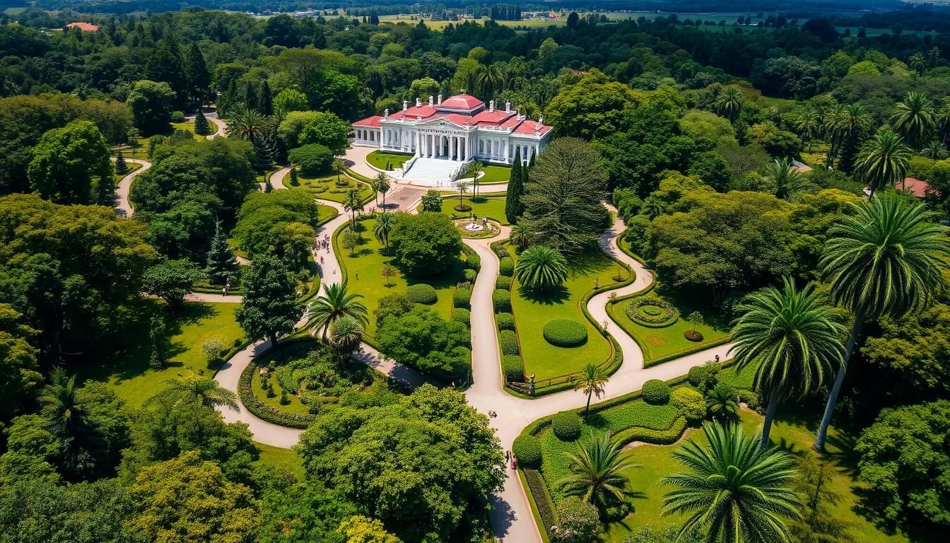 Aerial view of Bogor Botanical Gardens with the Presidential Palace visible in the background - one of the best things to do in Bogor, Indonesia