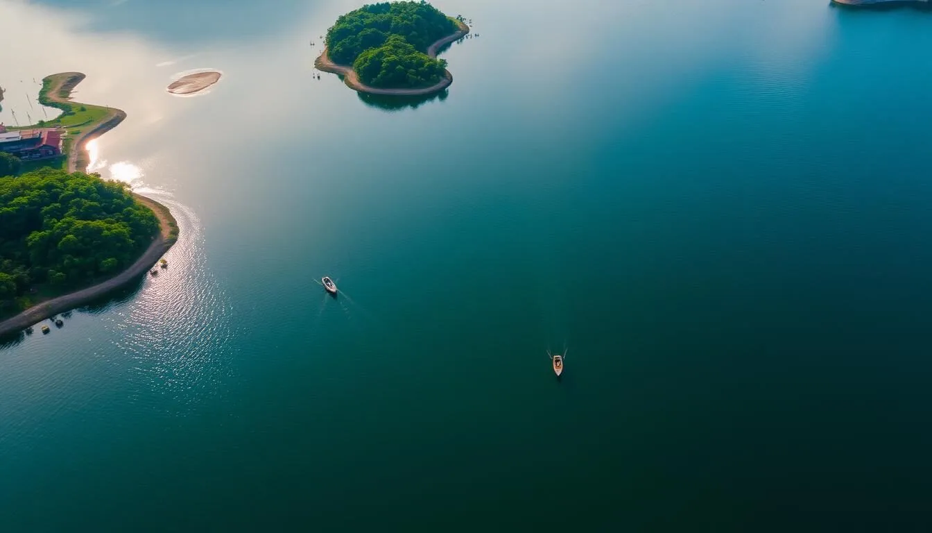 Aerial view of Bolgoda Lake, Sri Lanka showing the vast freshwater lake surrounded by lush greenery