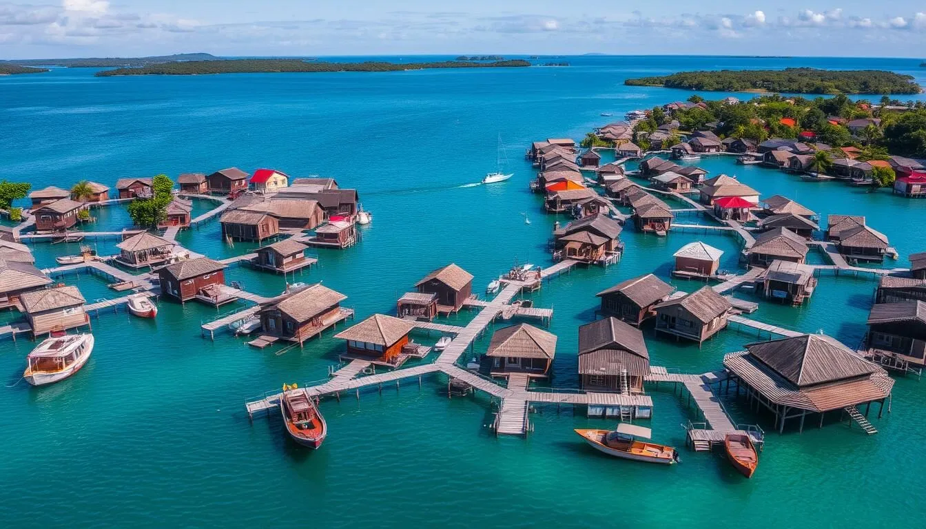 Aerial view of Bontang Kuala stilt village with traditional wooden houses built over turquoise water