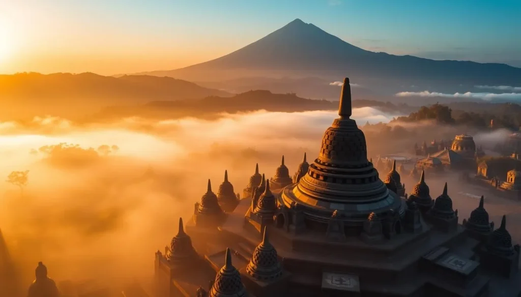Aerial view of Borobudur Temple with Mount Merapi visible in the background