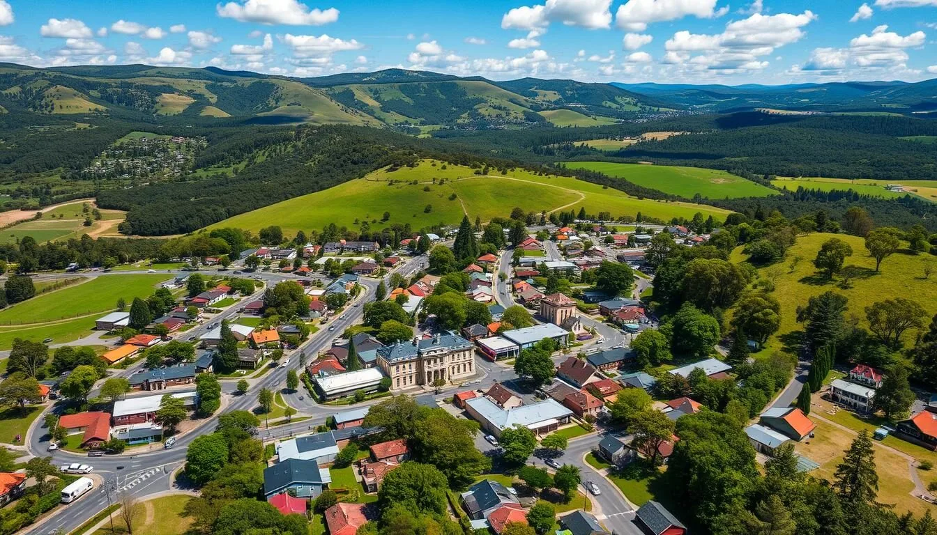 Aerial view of Bowral, New South Wales showing the town center surrounded by lush green Southern Highlands landscape