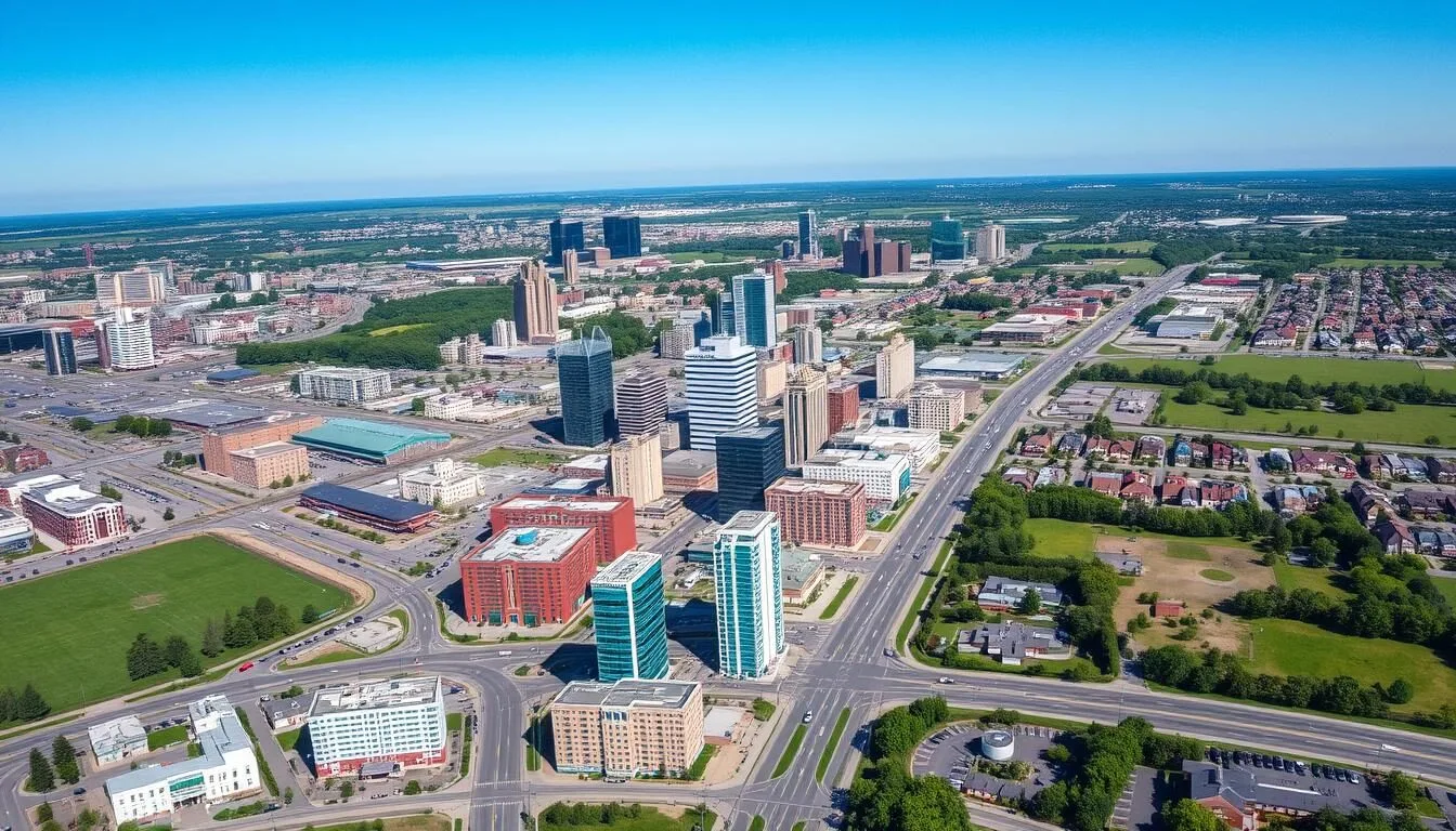 Aerial-view-of-Brampton-Ontario-showing-the-city-layout-with-downtown-area-and-green-spaces Aerial view of Brampton, Ontario showing the city layout with downtown area and green spaces