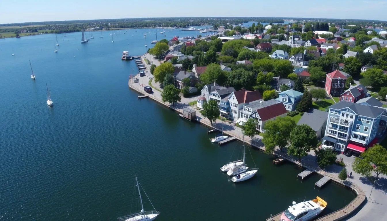 Aerial view of Bristol Rhode Island waterfront with boats in the harbor and colorful New England buildings