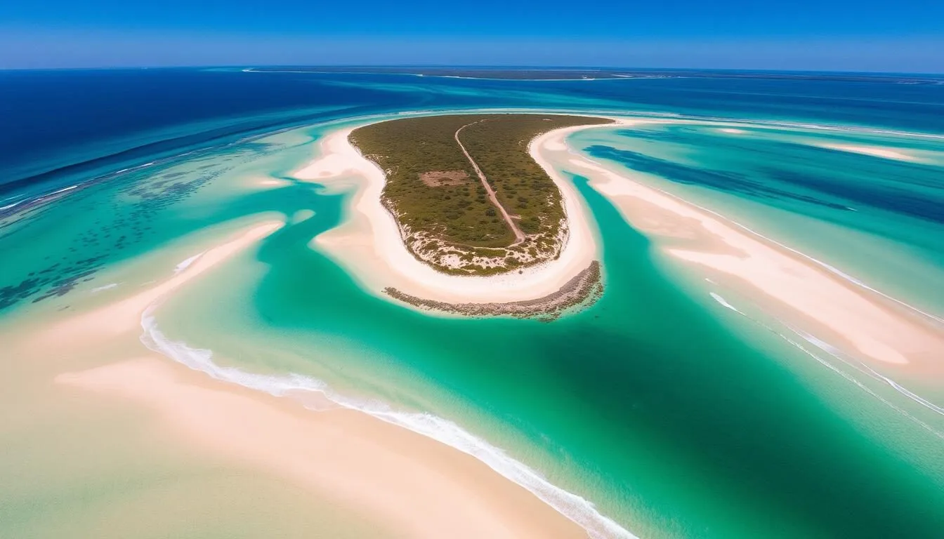Aerial view of Broulee Island Nature Reserve connected to mainland by sand spit, New South Wales