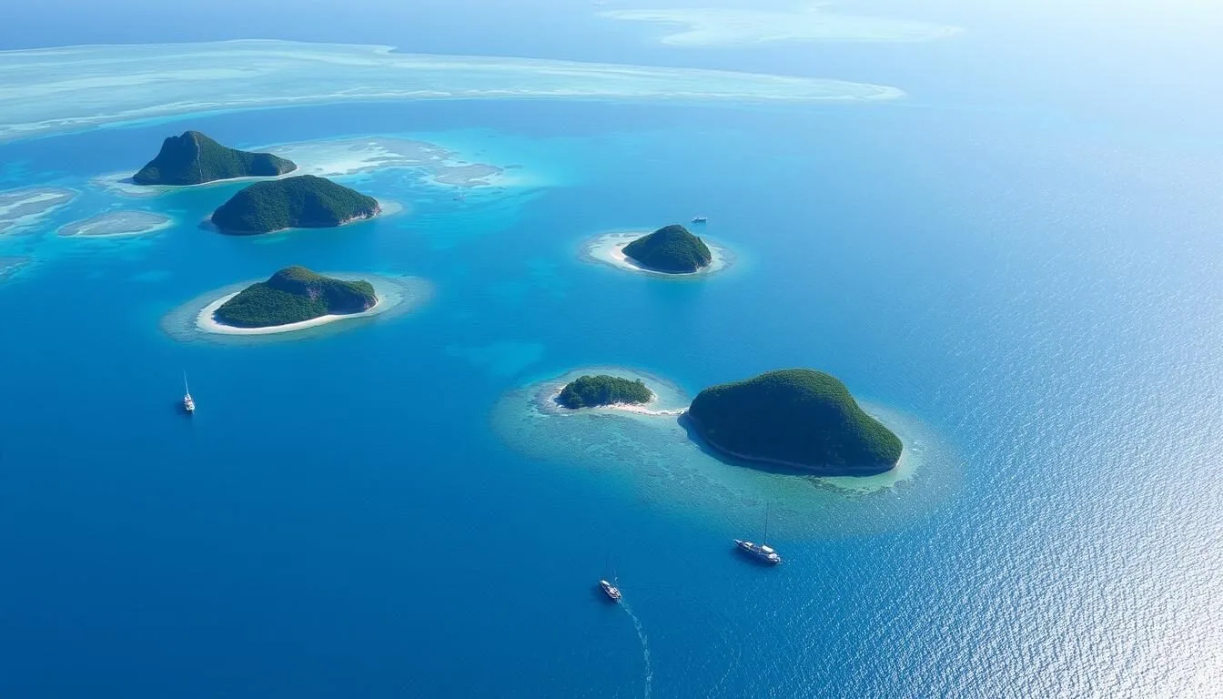 Aerial view of Bunaken National Marine Park showing islands and surrounding coral reefs