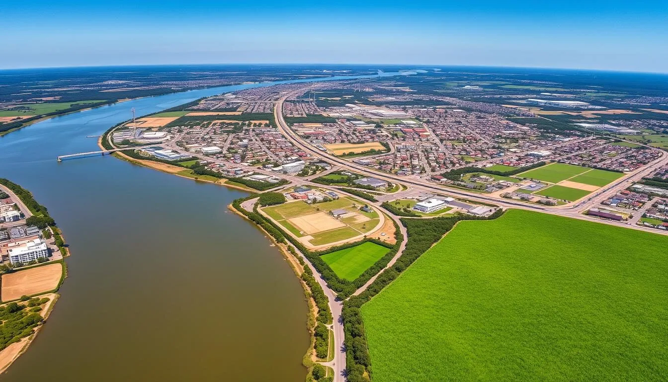 Aerial-view-of-Bundaberg-Queensland-showing-the-Burnett-River-winding-through-the-city-with Aerial view of Bundaberg, Queensland showing the Burnett River winding through the city with sugarcane fields in the background
