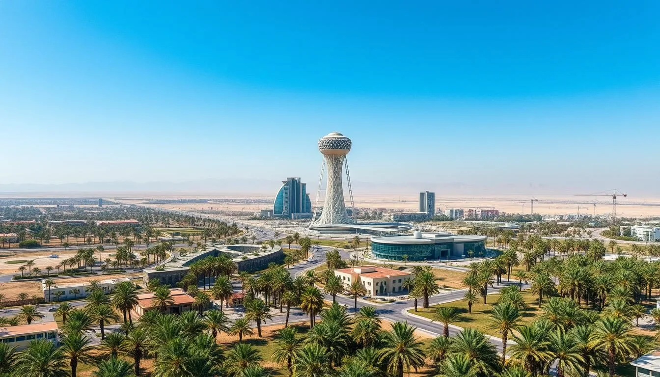 Aerial view of Buraydah city showing the iconic water tower and surrounding palm plantations in Saudi Arabia