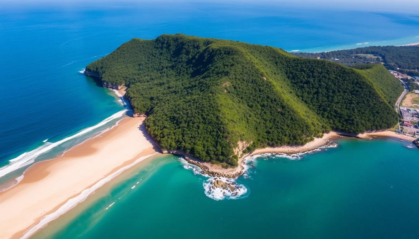 Aerial view of Burleigh Head National Park showing the headland between Burleigh Beach and Tallebudgera Creek