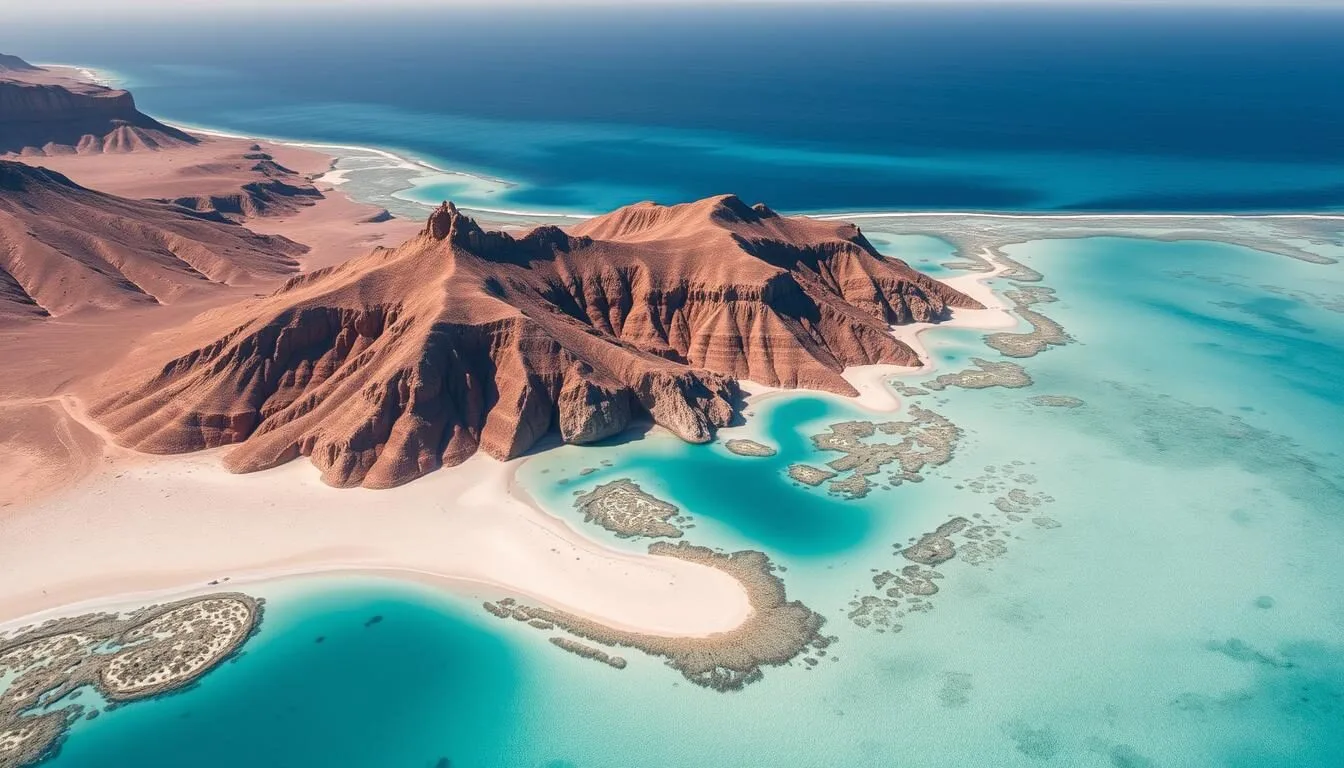 Aerial view of Cabo Pulmo National Park showing turquoise waters and coral reef formations along the Baja California Sur coastline