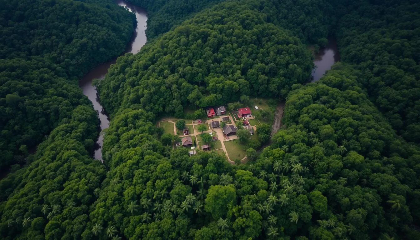 Aerial view of Cacao village in French Guiana surrounded by lush rainforest
