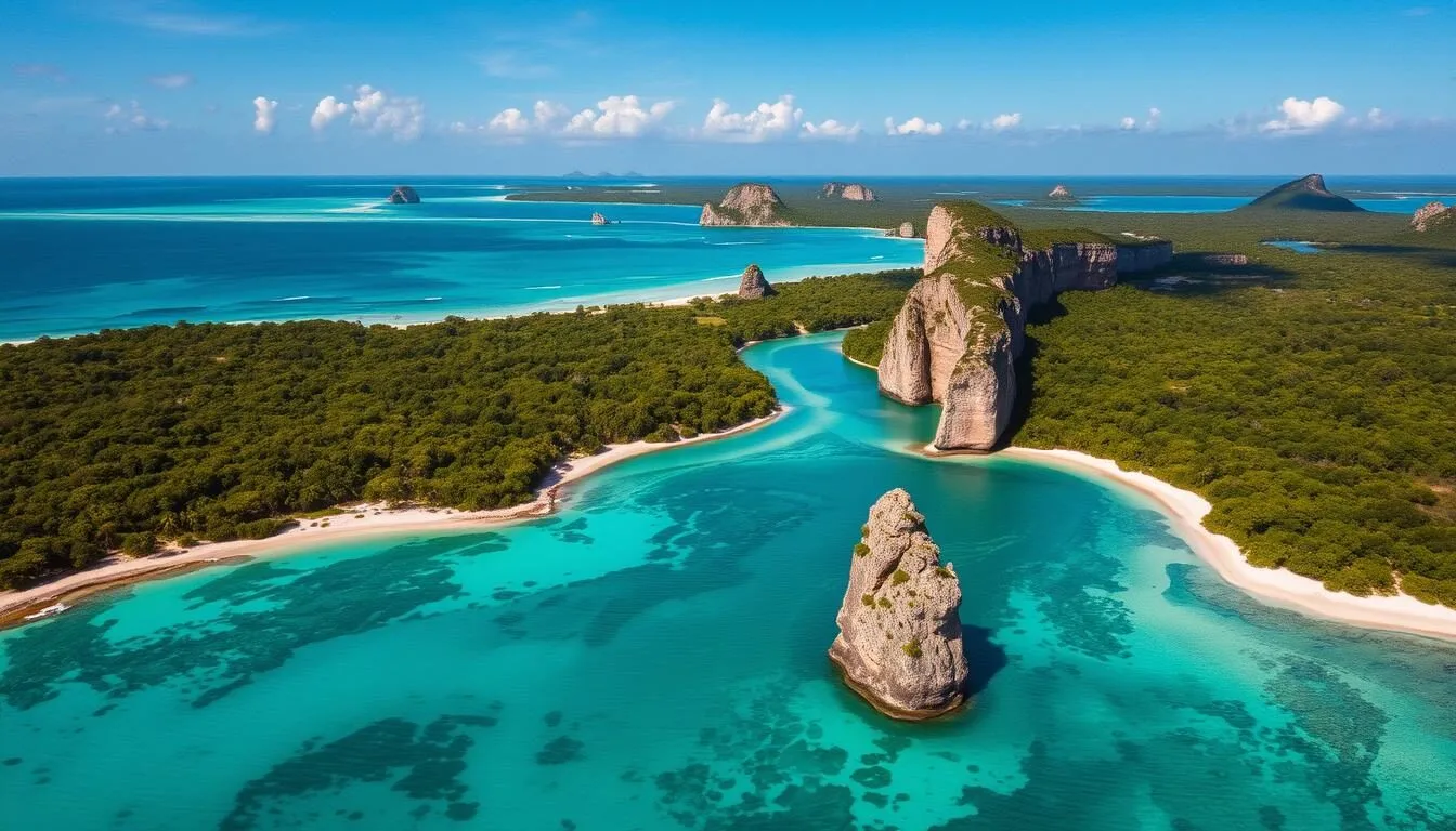Aerial view of Caguanes National Park showing coastal wetlands, mangrove forests and limestone formations in Cuba
